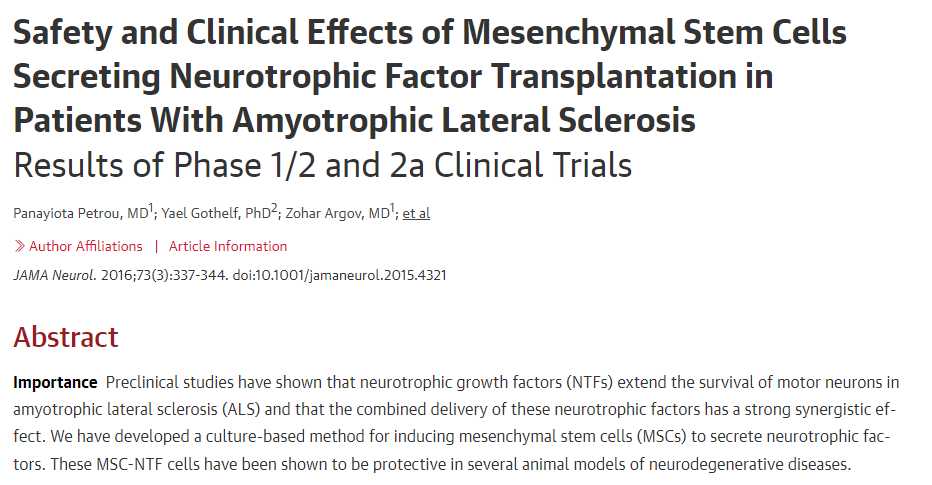間充質干細胞移植治療肌萎縮側索硬化癥的安全性及臨床效果1/2期及2a期臨床試驗結果
