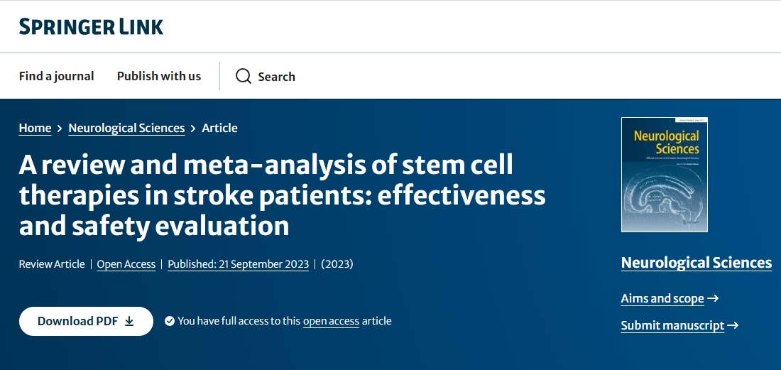 《神經科學》：干細胞治療中風患者的臨床分析：有效性和安全性評估