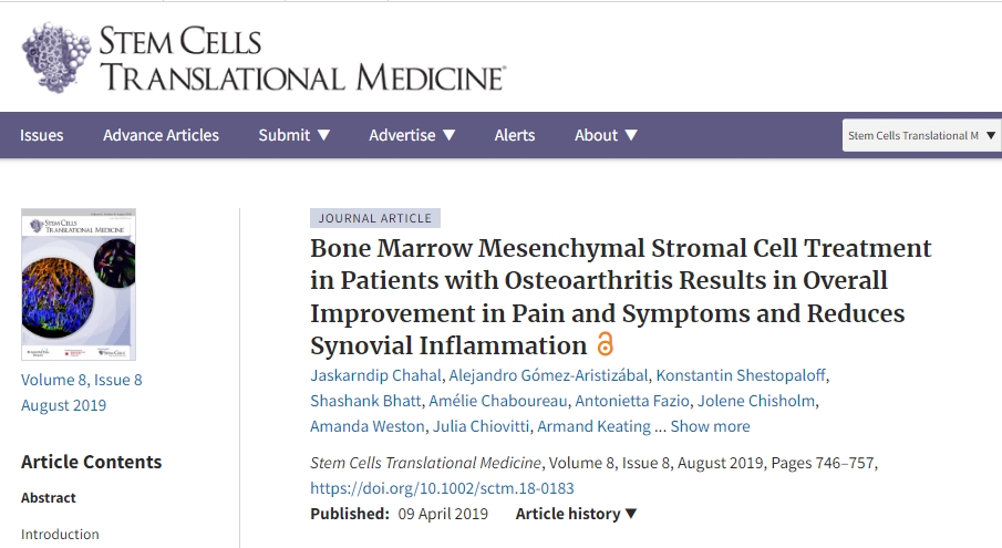 干細胞治療骨關節炎患者可全面改善疼痛和癥狀并減少滑膜炎癥