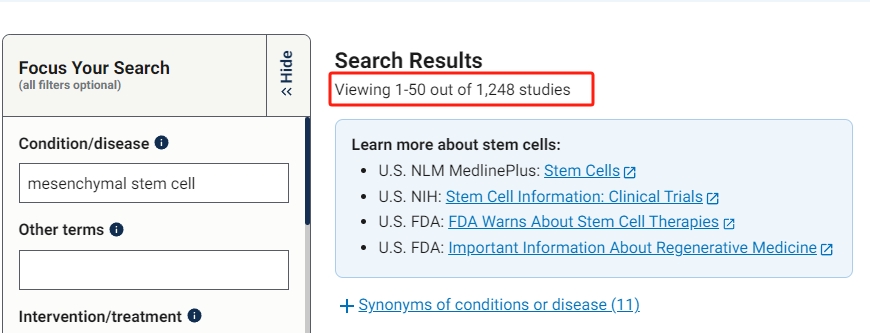 間充質干細胞治療的臨床試驗有1248項臨床試驗被提出