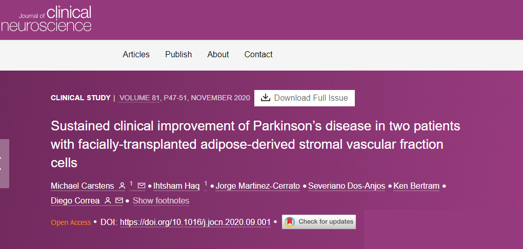 面部移植脂肪來源的基質血管成分細胞后，兩名帕金森病患者病情持續改善