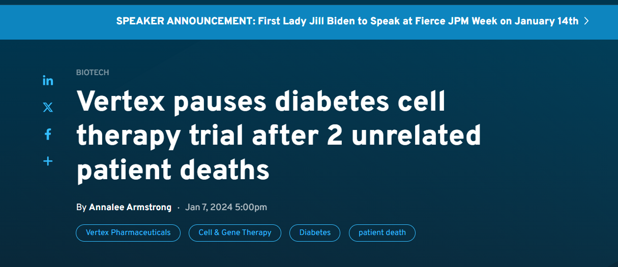 Vertex公司在兩例無關(guān)患者死亡后暫停干細(xì)胞治療糖尿病的試驗(yàn)