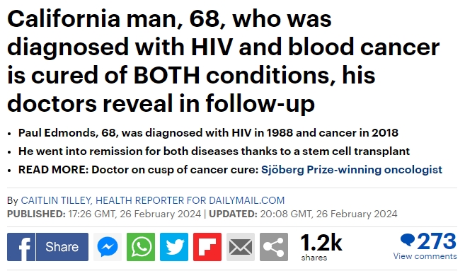 加州男子在干細胞移植后“治愈”了癌癥和艾滋病毒，康復情況令人驚嘆