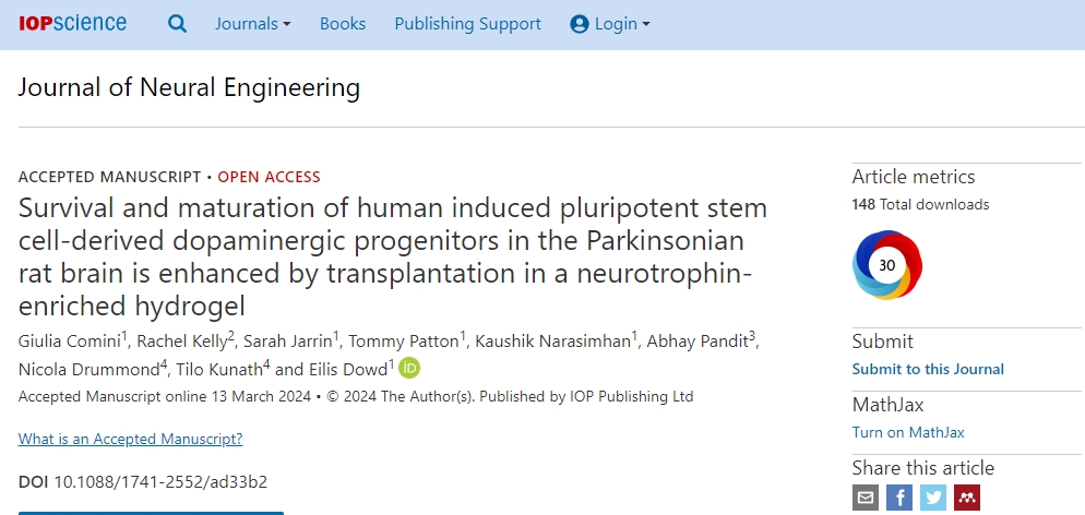 通過在富含神經營養素的水凝膠中移植人誘導的多能干細胞衍生的多巴胺能祖細胞，可以增強帕金森病大鼠腦中的存活和成熟。