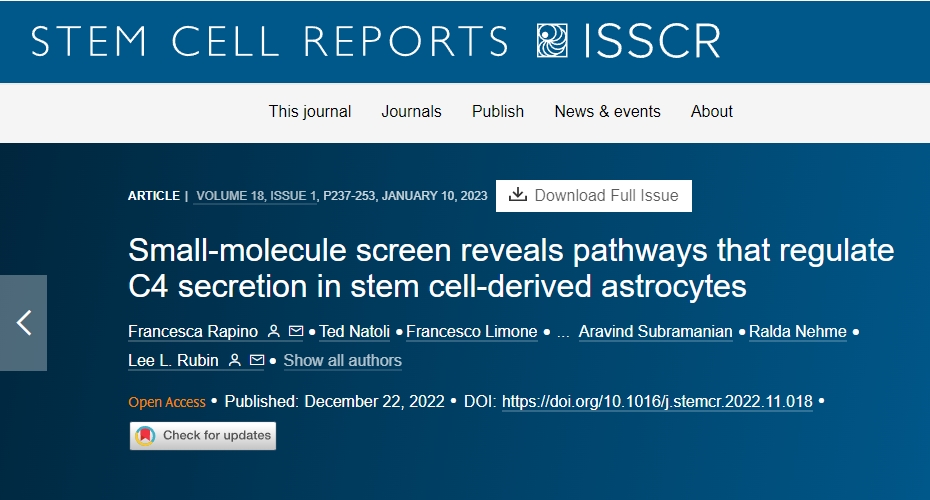 小分子篩選揭示調節干細胞來源的星形膠質細胞中 C4 分泌的途徑