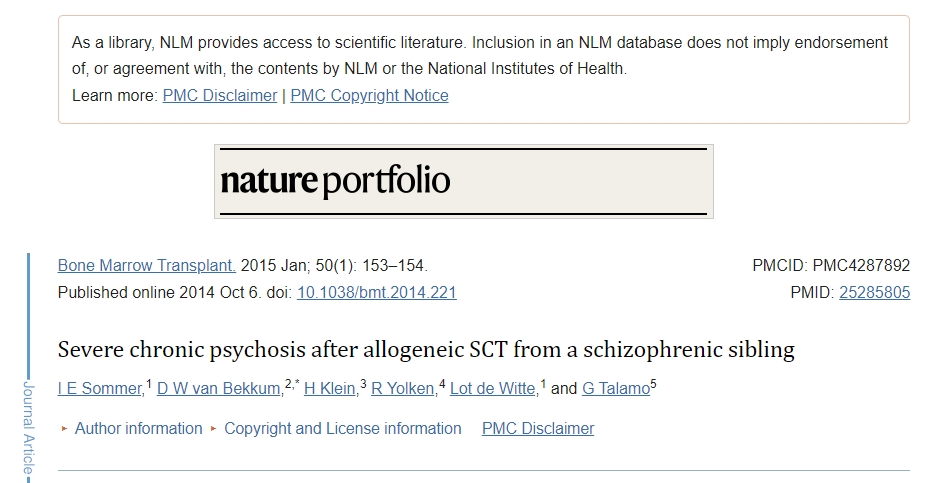 接受來自精神分裂癥同種異體 SCT 后出現嚴重慢性精神病 接受來自精神分裂癥同種異體 SCT 后出現嚴重慢性精神病