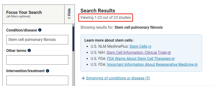 干細(xì)胞治療肺纖維化的臨床研究項(xiàng)目有23項(xiàng)。