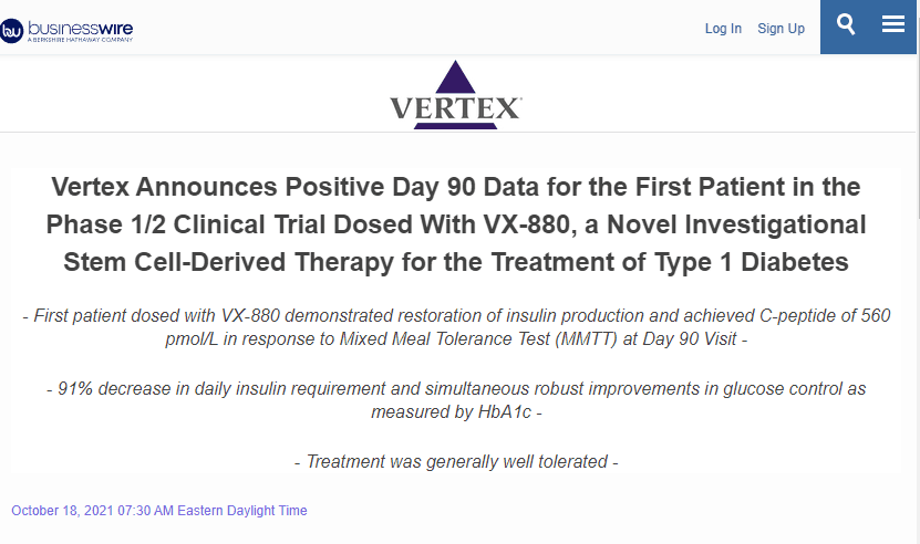 Vertex 宣布 1/2 期臨床試驗中首位接受 VX-880 治療的患者第 90 天的陽性數(shù)據(jù)，VX-880 是一種用于治療 1 型糖尿病的新型試驗性干細胞衍生療法