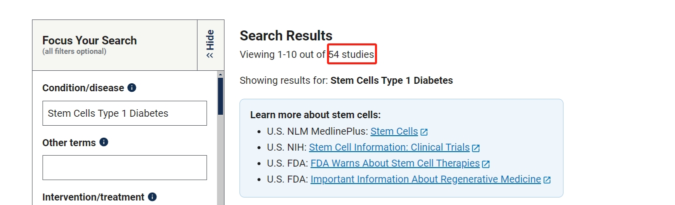 干細胞治療1型糖尿病的臨床研究項目有54項。其中已完成的有13項。