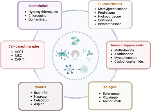 圖1:系統性紅斑狼瘡 (SLE) 的各種治療策略。 圖1:系統性紅斑狼瘡 (SLE) 的各種治療策略。