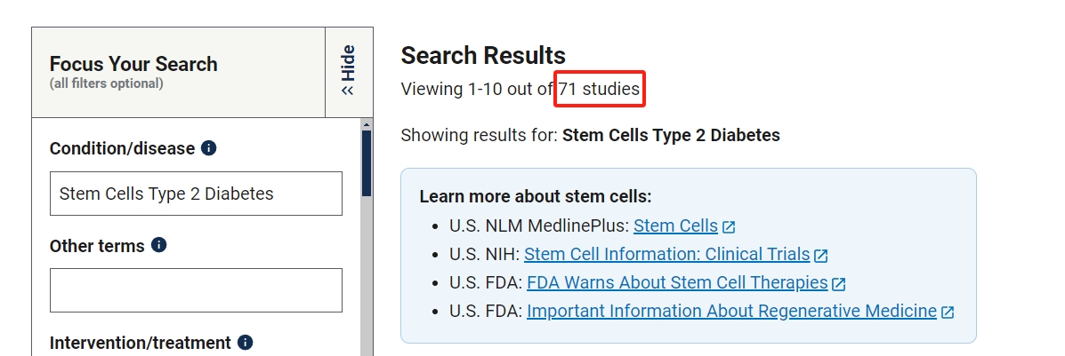 關(guān)干細(xì)胞治療2型糖尿病的臨床研究項(xiàng)目有71項(xiàng)。其中已完成的有39項(xiàng)。