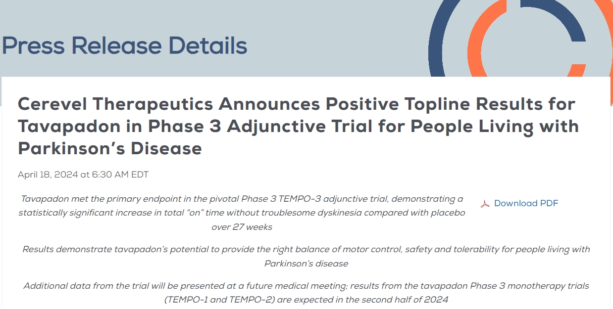 Cerevel Therapeutics宣布Tavapadon在帕金森病患者輔助治療3期試驗中取得積極結果