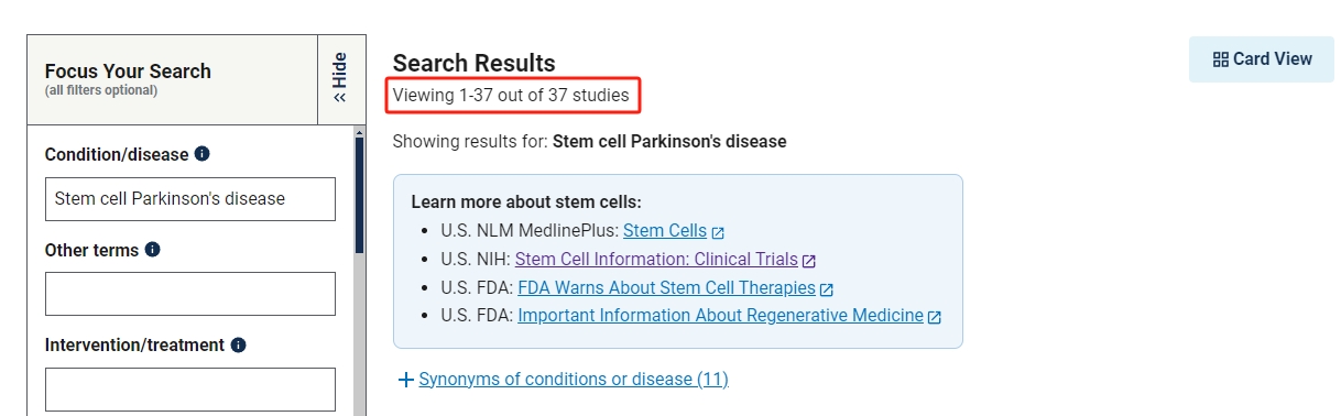 干細胞治療帕金森病的臨床研究項目有37項。