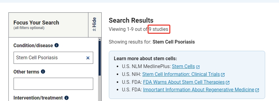 干細(xì)胞治療銀屑病臨床研究項(xiàng)目有9項(xiàng)。其中國(guó)內(nèi)發(fā)布的占據(jù)7項(xiàng)。