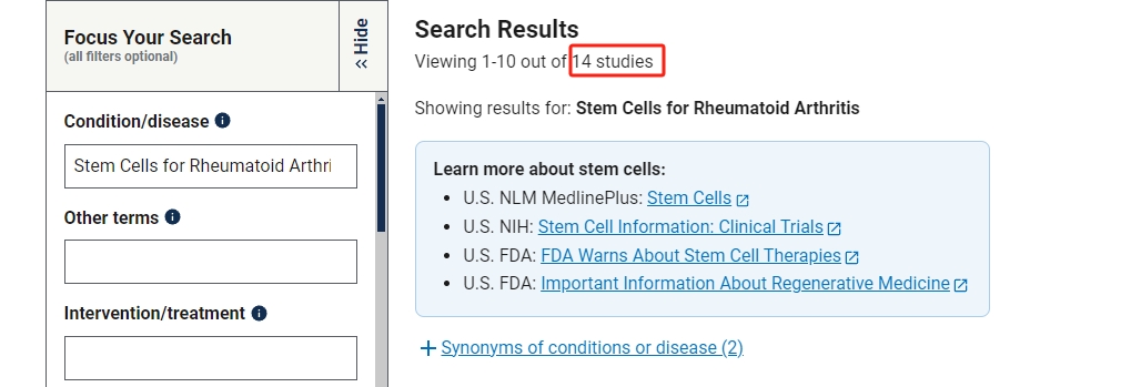 干細胞治療類風濕關節炎臨床研究項目有14項。其中國內發布的占據4項。