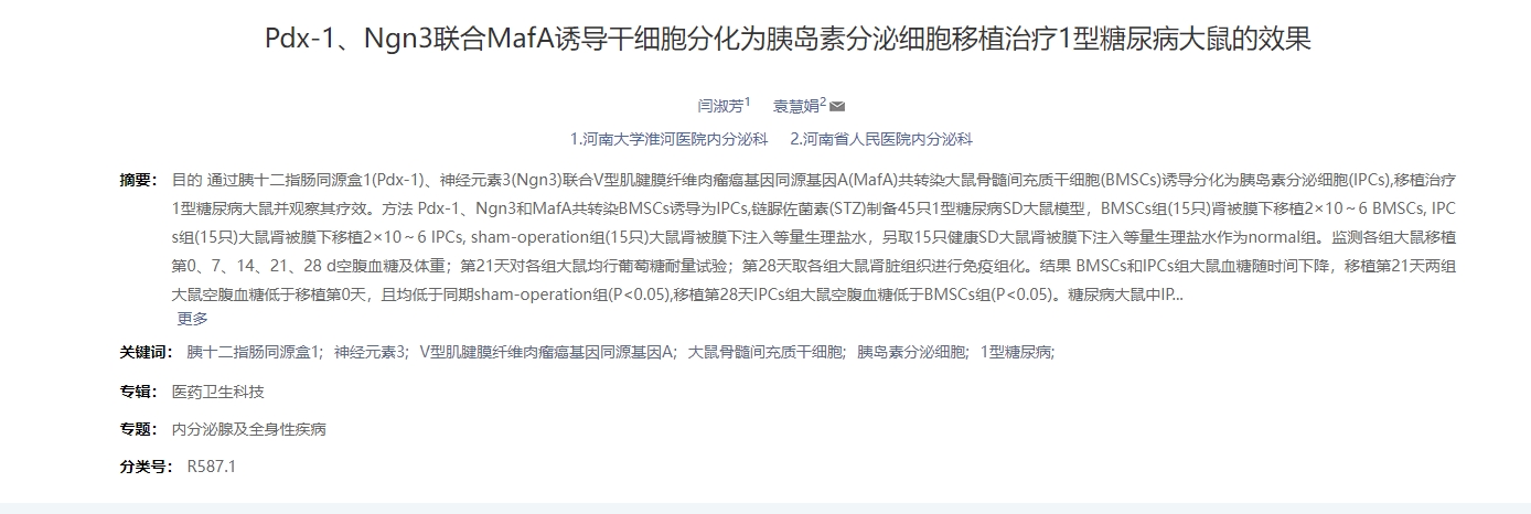 dx-1、Ngn3聯(lián)合MafA誘導(dǎo)干細(xì)胞分化為胰島素分泌細(xì)胞移植治療1型糖尿病大鼠的效果