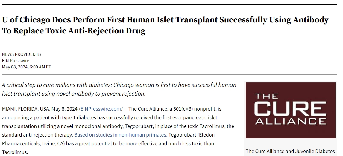 芝加哥大學醫生成功實施首例人類胰島移植手術，使用抗體替代有毒抗排斥藥物