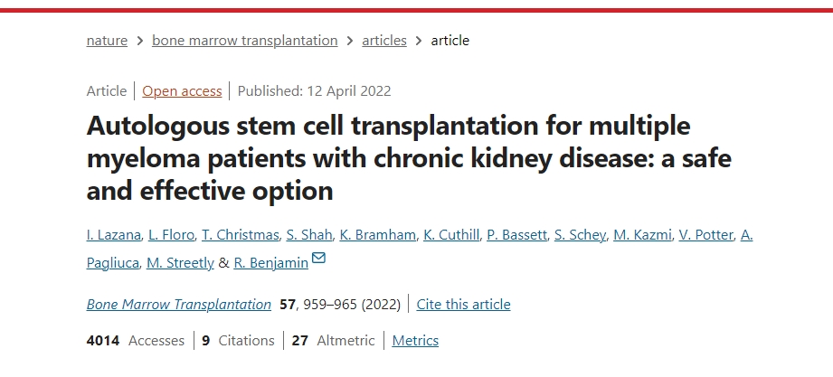 自體干細(xì)胞移植治療患有慢性腎病的多發(fā)性骨髓瘤患者：一種安全有效的選擇
