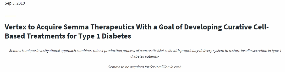 Vertex 收購 semma Therapeutics，旨在開發 1 型糖尿病的細胞療法