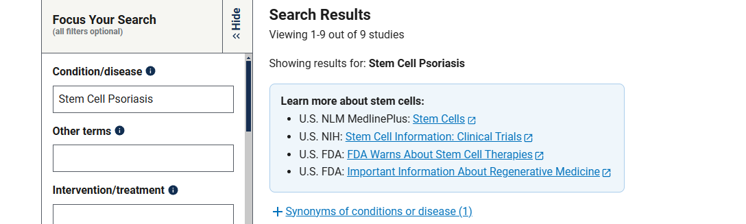 有關(guān)干細(xì)胞治療銀屑病臨床研究項目有9項，已完成的有4項。
