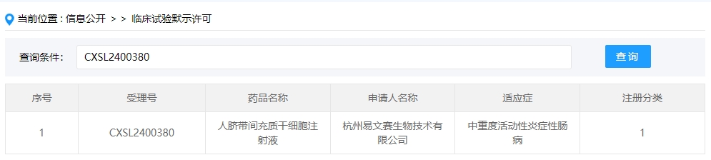 該企業的干細胞新藥的適應癥為中重度活動性炎癥性腸病。