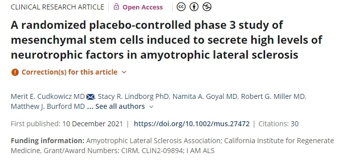 一項關于誘導間充質干細胞分泌高水平神經營養(yǎng)因子治療肌萎縮側索硬化癥的隨機安慰劑對照 3 期研究