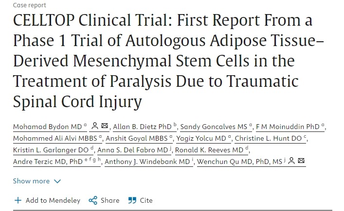 CELLTOP 臨床試驗：自體脂肪組織來源的間充質干細胞治療創(chuàng)傷性脊髓損傷所致癱瘓的 1 期臨床試驗首份報告