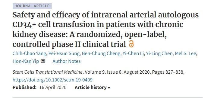 慢性腎臟病患者腎動脈自體 CD34+ 細胞輸注的安全性和有效性：一項隨機、開放標簽、對照的 II 期臨床試驗