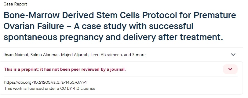 骨髓來源干細胞治療卵巢早衰的方案——治療后成功自然妊娠和分娩的案例研究。
