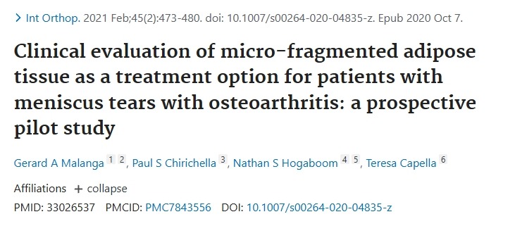 微碎屑脂肪組織作為半月板撕裂伴骨關節(jié)炎患者的治療選擇的臨床評價一項前瞻性試點研究