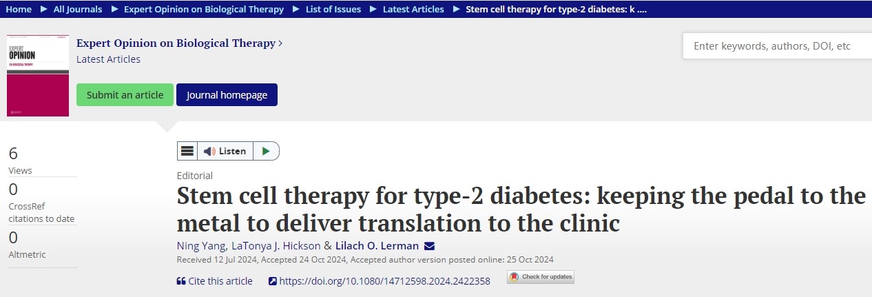 干細胞治療2型糖尿病：“我們”將全力以赴，把成果轉化為臨床治療