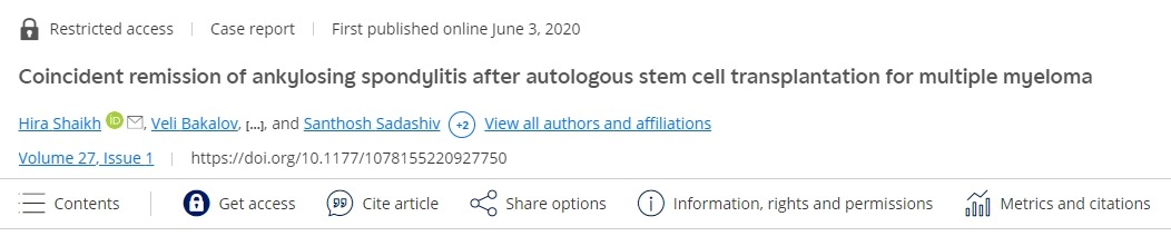 自體干細胞移植治療多發性骨髓瘤后強直性脊柱炎同時緩解