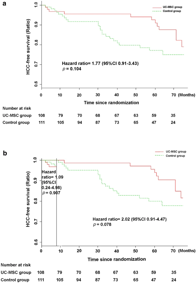 圖5：接受UC-MSC輸注或常規治療方案治療的HBV相關失代償性肝硬化患者的HCC無事件率。