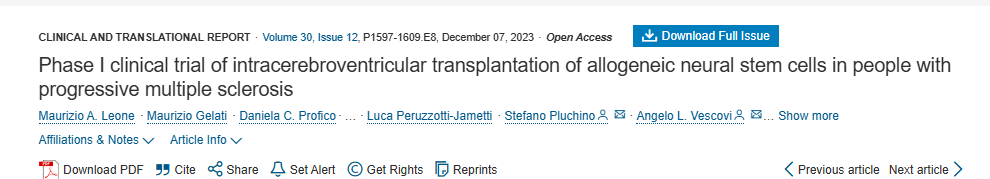 進行性多發性硬化癥患者腦室內移植同種異體神經干細胞的 I 期臨床試驗

