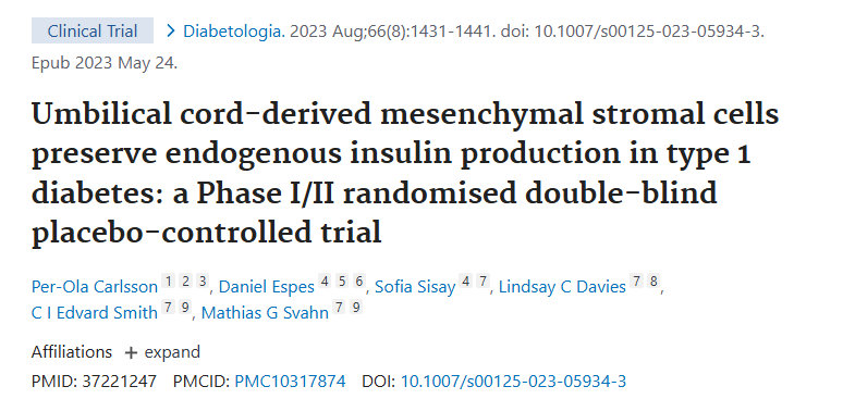 臍帶間充質(zhì)基質(zhì)細(xì)胞保留 1 型糖尿病患者的內(nèi)源性胰島素產(chǎn)生：一項(xiàng) I/II 期隨機(jī)雙盲安慰劑對(duì)照試驗(yàn)