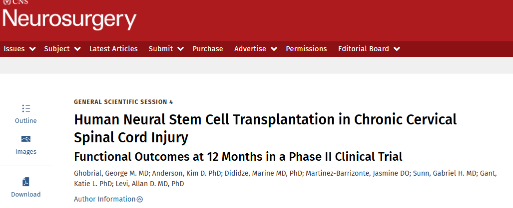 人類神經干細胞移植治療慢性頸脊髓損傷II 期臨床試驗 12 個月后的功能結果