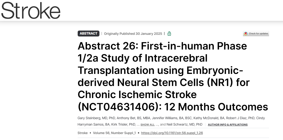 首次使用胚胎源性神經(jīng)干細胞 (NR1) 進行腦內(nèi)移植治療慢性缺血性中風(fēng)的人體 1/2a 期研究 (NCT04631406)：12 個月結(jié)果