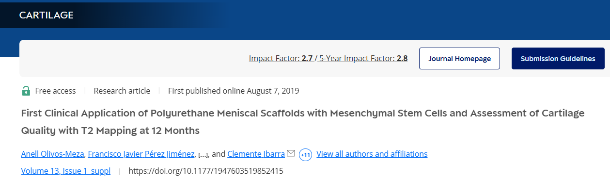 聚氨酯半月板支架與間充質(zhì)干細(xì)胞的首次臨床應(yīng)用以及12個月時T2映射對軟骨質(zhì)量的評估