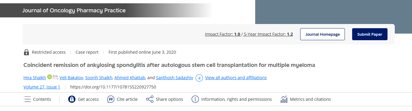 自體干細胞移植治療多發性骨髓瘤后強直性脊柱炎同時緩解
