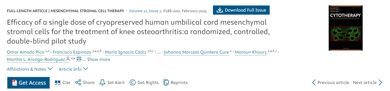 單劑量冷凍保存人臍帶間充質(zhì)基質(zhì)細(xì)胞治療膝骨關(guān)節(jié)炎的療效：一項(xiàng)隨機(jī)、對照、雙盲先導(dǎo)研究