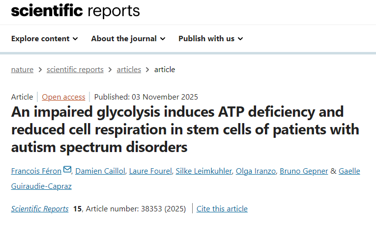 自閉癥譜系障礙患者的干細胞中，糖酵解受損會導致ATP缺乏和細胞呼吸作用降低
