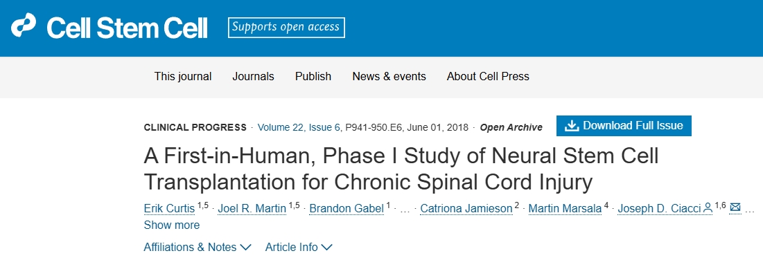 神經干細胞移植治療慢性脊髓損傷的首次人體I期研究