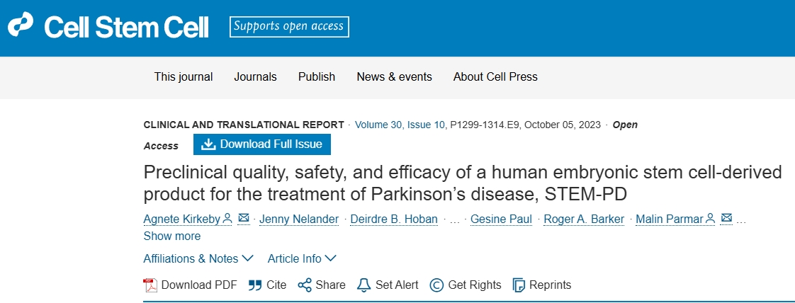 用于治療帕金森病的人類胚胎干細胞衍生產品STEM-PD的臨床前質量、安全性和有效性