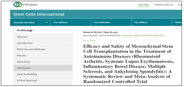 間充質(zhì)干細胞移植治療自身免疫性疾?。愶L濕關(guān)節(jié)炎、系統(tǒng)性紅斑狼瘡、炎癥性腸病、多發(fā)性硬化癥和強直性脊柱炎）的療效和安全性：隨機對照試驗的系統(tǒng)綜述和薈萃分析