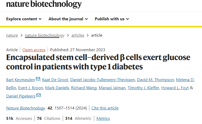 封裝的干細胞衍生β細胞在1型糖尿病患者中發揮血糖控制作用