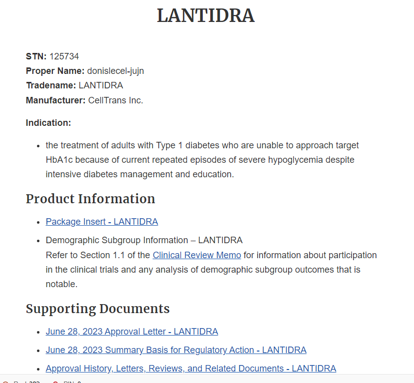 美國Food and Drug Administration（FDA）正式批準Lantidra用于成人1型糖尿病患者